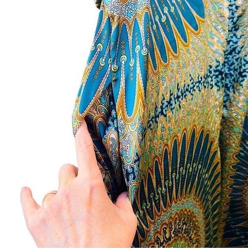 Oscar de la Renta Blue Gold Mandala Zip Front‎ V-Neck 2 Pocket Caftan  SZ 2X NEW - Picture 13 of 15
